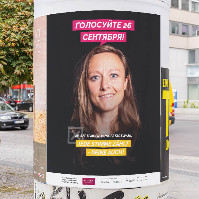 Plakat 2 einer mehrsprachigen Plakatkampagne des Migrationsbeirats der Stadt Heidelberg vor dr Bundestagswahl 2021