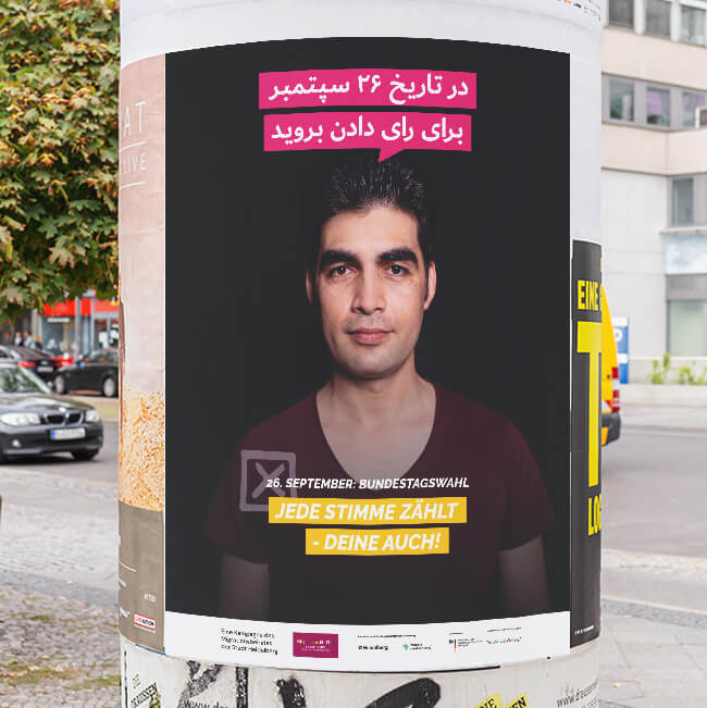 Plakat 4 einer mehrsprachigen Plakatkampagne des Migrationsbeirats der Stadt Heidelberg vor dr Bundestagswahl 2021