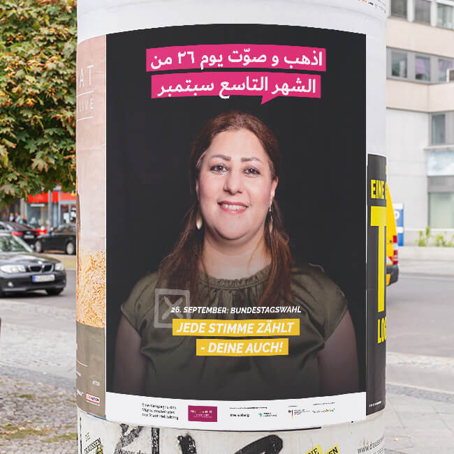 Plakat 5 einer mehrsprachigen Plakatkampagne des Migrationsbeirats der Stadt Heidelberg vor dr Bundestagswahl 2021