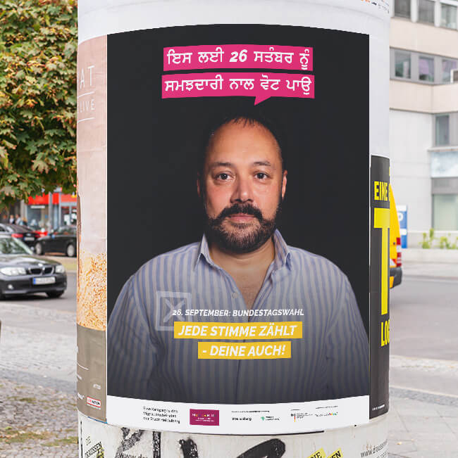 Plakat 6 einer mehrsprachigen Plakatkampagne des Migrationsbeirats der Stadt Heidelberg vor dr Bundestagswahl 2021