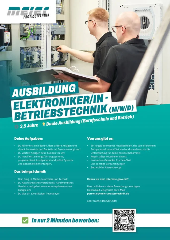 Azubi-Kampagne für Meier Prozesstechnik. Hier: ein informatives Poster welches über den Ausbildungsplatz Elektroniker/in Betriebstechnik informiert.