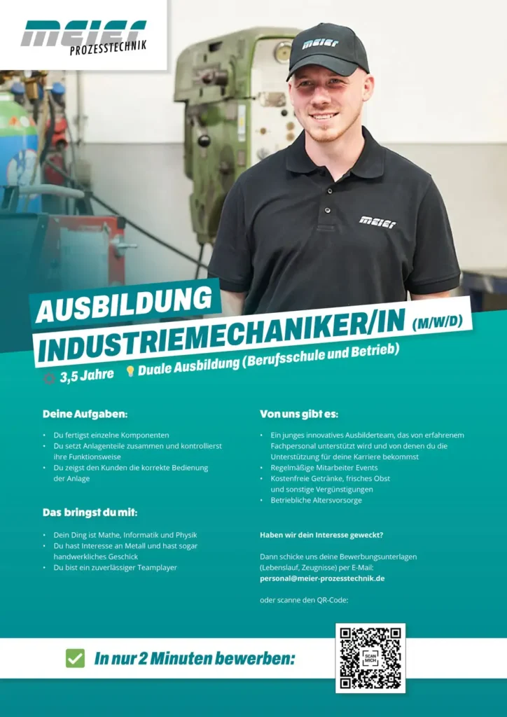 Azubi-Kampagne für Meier Prozesstechnik. Hier: ein informatives Poster welches über den Ausbildungsplatz Industriemechaniker/in informiert.