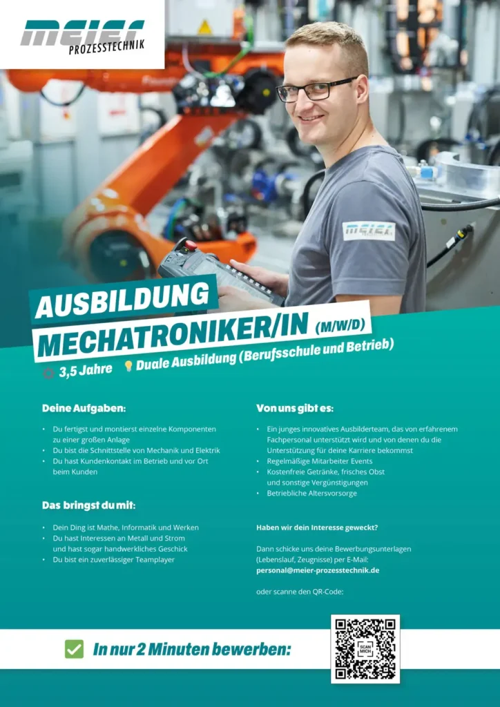 Azubi-Kampagne für Meier Prozesstechnik. Hier: ein informatives Poster welches über den Ausbildungsplatz Mechatroniker/in informiert.