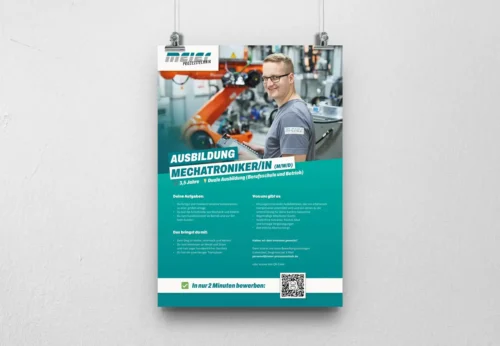 Azubi-Kampagne für Meier Prozesstechnik. Hier: ein informatives Poster welches über den Ausbildungsplatz Mechatroniker/in informiert.